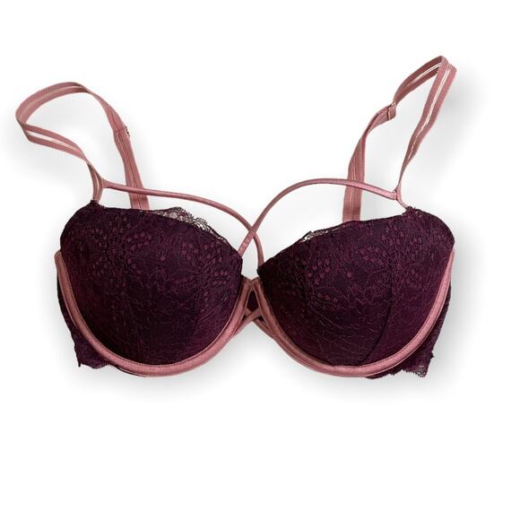 Pink Victoria’s Secert burgandy pink lace bra 32DD date lace push up bra - Picture 1 of 10